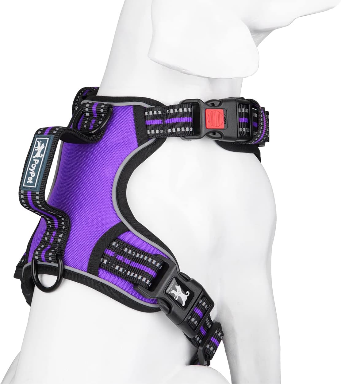 PoyPet No Pull Dog Harness, No Choke Front Clip Reflective Dog Vest with Soft Padded Vertical Handle, 3 Leash Attachments for Small Medium Large Dogs (Purple,L)