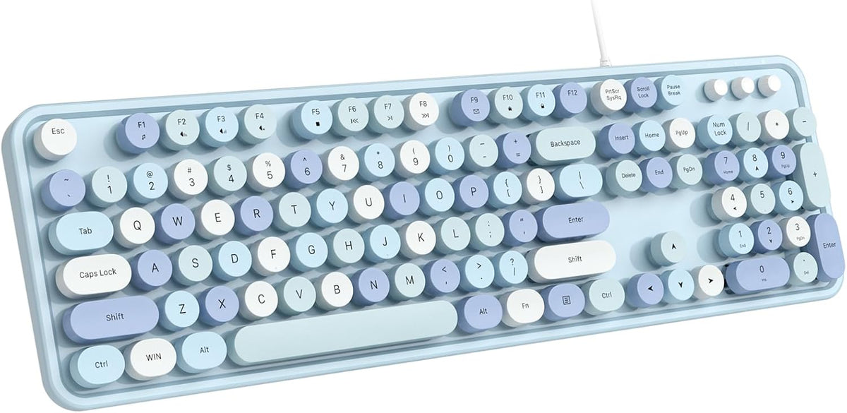 Dilter Wired Keyboard, Full-Sized Typewriter Keyboards, USB Plug and Play Office Keyboard with Number Pad, Caps Indicators, Foldable Stands for Windows, PC, Laptop, Desktop (Blue Colorful)