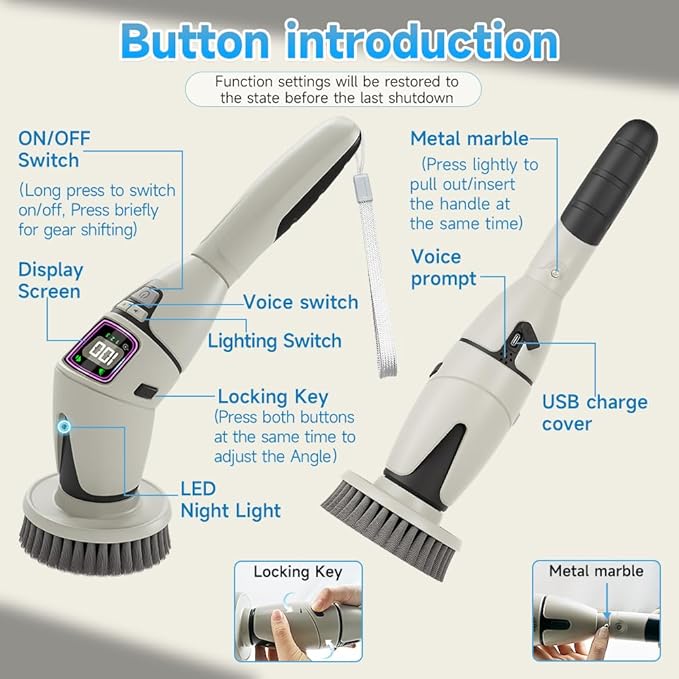 10-in-1 Electric Spin Scrubber for Cleaning, Voice Broadcast Rechargeable Power Scrubber, Aquarium Cleaner, Cordless Shower Cleaner Brush for Tile/Bathtub/Floor/Shoes/Car-Light Gray