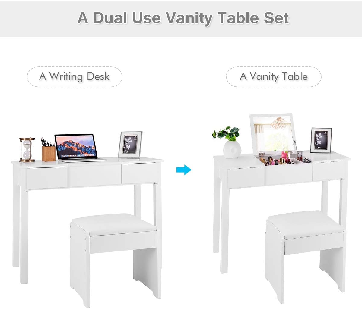 GIANTEX Vanity Set with Flip Top Mirror and Cushioned Stool, Makeup Dressing Table Writing Desk with 2 Drawers & 3 Removable Organizers, Makeup Table Set Easy Assembly, White