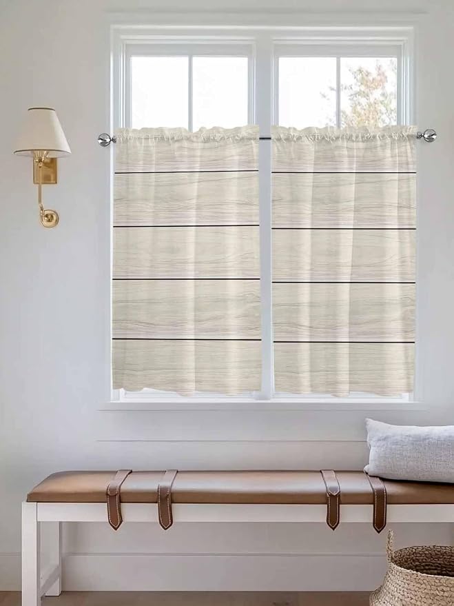 Vintage Country Wooden Board Window Valance Curtains, Gradient Wood Grain Line