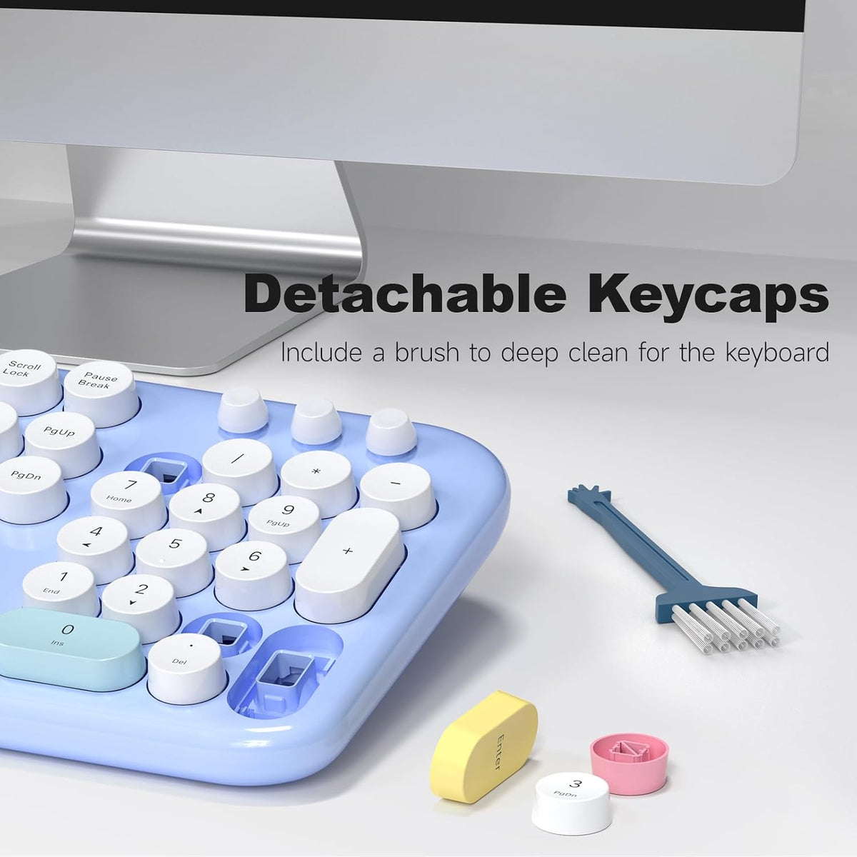 Retro Wireless Keyboard and Mouse Combo, SQMD Full-Size Office Typewriter Keyboard with Round Colorful Keycaps, 2.4G Cute Quiet Mouse for Windows PC, Home, Office, and College - Blue