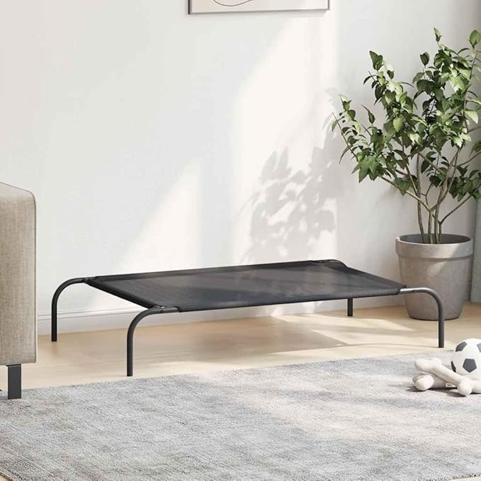 Elevated Dog Bed for Large Pets, Raised Cooling Pet Cot with Breathable Textilene Fabric, Portable Indoor Outdoor Rectangular Metal Frame Dog Bed, Black