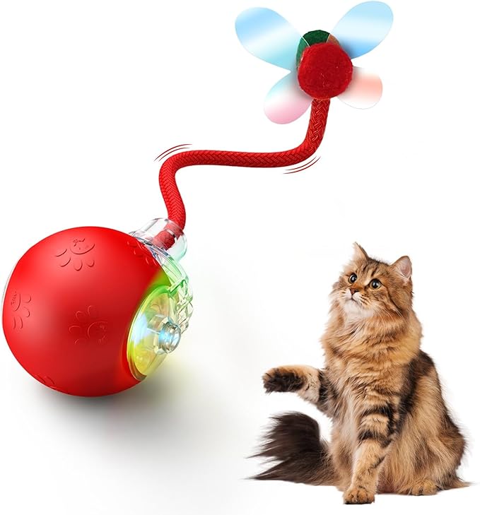 Interactive Cat Toys for Indoor Cats, 2025 Upgraded 360° Anti-chew Safe Material Moving Cat Ball with Tail, Interactive Cat Toys for Bored Indoor Adult Cats to Keep Them Busy (Red, 2.2in)