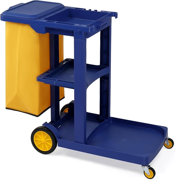 TUFFIOM Commercial Traditional Cleaning 3-Shelf Janitorial Cart, 500 Lbs Capacity Housekeeping Cart, Wheeled with Yellow VinylBag and Cover w Lid, Blue
