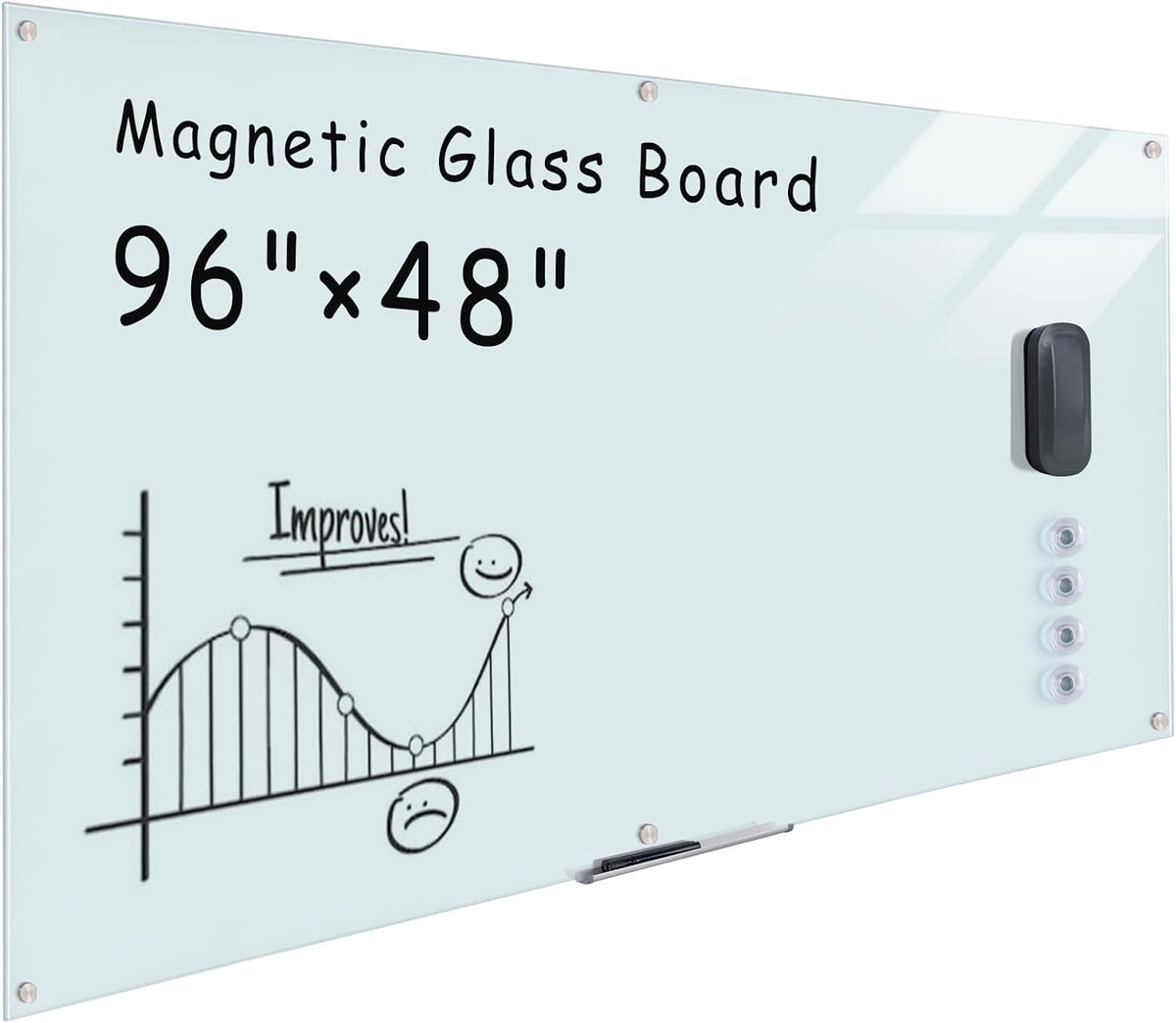 Mifuro Magnetic Glass Whiteboard，96"x48" Wall Mounted Frameless Dry Erase Board for Office, Home & School White