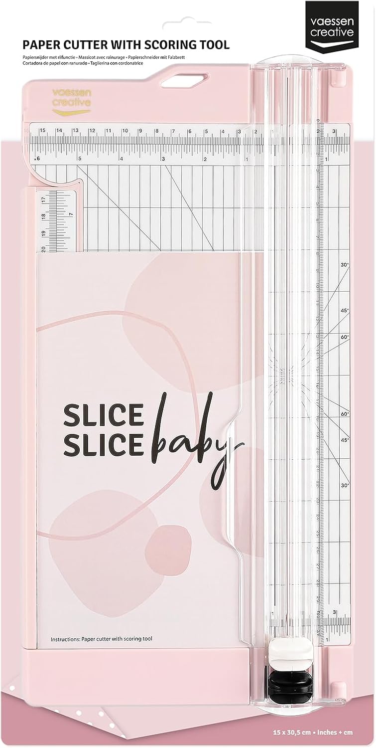 Vaessen Creative Paper Cutter with Scoring Tool 6 x 12" (15.2 x 30.5 cm) – 2-in-1 Pink Paper Trimmer & Scoreboard for Scrapbooking, Card Making, Gift Boxes & Crafting – Including 2 Spare Blades