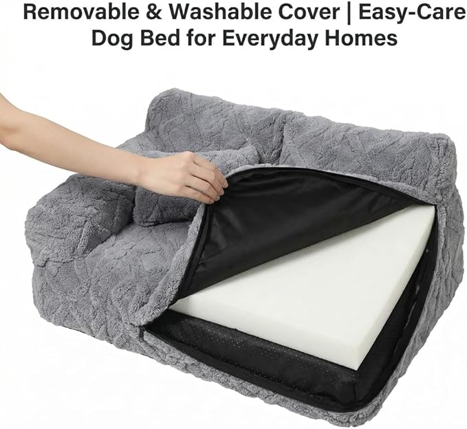 Plush Calming Pet Sofa Bed, Raised Rim, Removable Cover & Non-Slip Bottom for Cats & Dogs, Calming Dog Bed Fluffy Plush Dog Mat for Furniture Protector with Removable Washable Cover (Grey, Small)