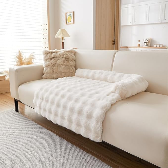 Calming Dog Bed Mat, Fluffy Fuzzy Couch Cover for Sofa, Winter Thickened Pet Mat with Anti-Slip Bottom Warm Soft Cushion Washable Pet Bed for Small Dogs and Cats (White, 75x75cm/29.5x29.5in)