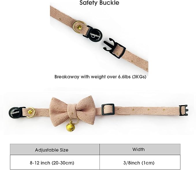 Safety Quick Release Cat Collars, Soft Kitten Collars with Detachable Bow Tie and Bell, Pack of 2, Adjustable 20-30 cm (20-30cm, Pink+Cream)