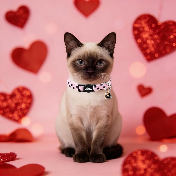 Unique style paws 2 Pack Valentine Kitten Collar Breakaway with Bell&Pendant, Adjustable Safety BlackBerry Pink Love Heart Cat Cotton Collar for Girl Boy Cat and Small Pet