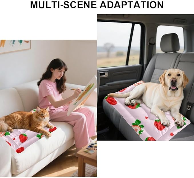 Cute Strawberry Fruit Pink Cute Dog Bed Furniture Dog Crate Mat Puppy Crate Pad Small Bed Washable Non-Slip Doggie Mattress Doggy Beds for Medium Dogs Indoor Outdoor 36X24 Inch