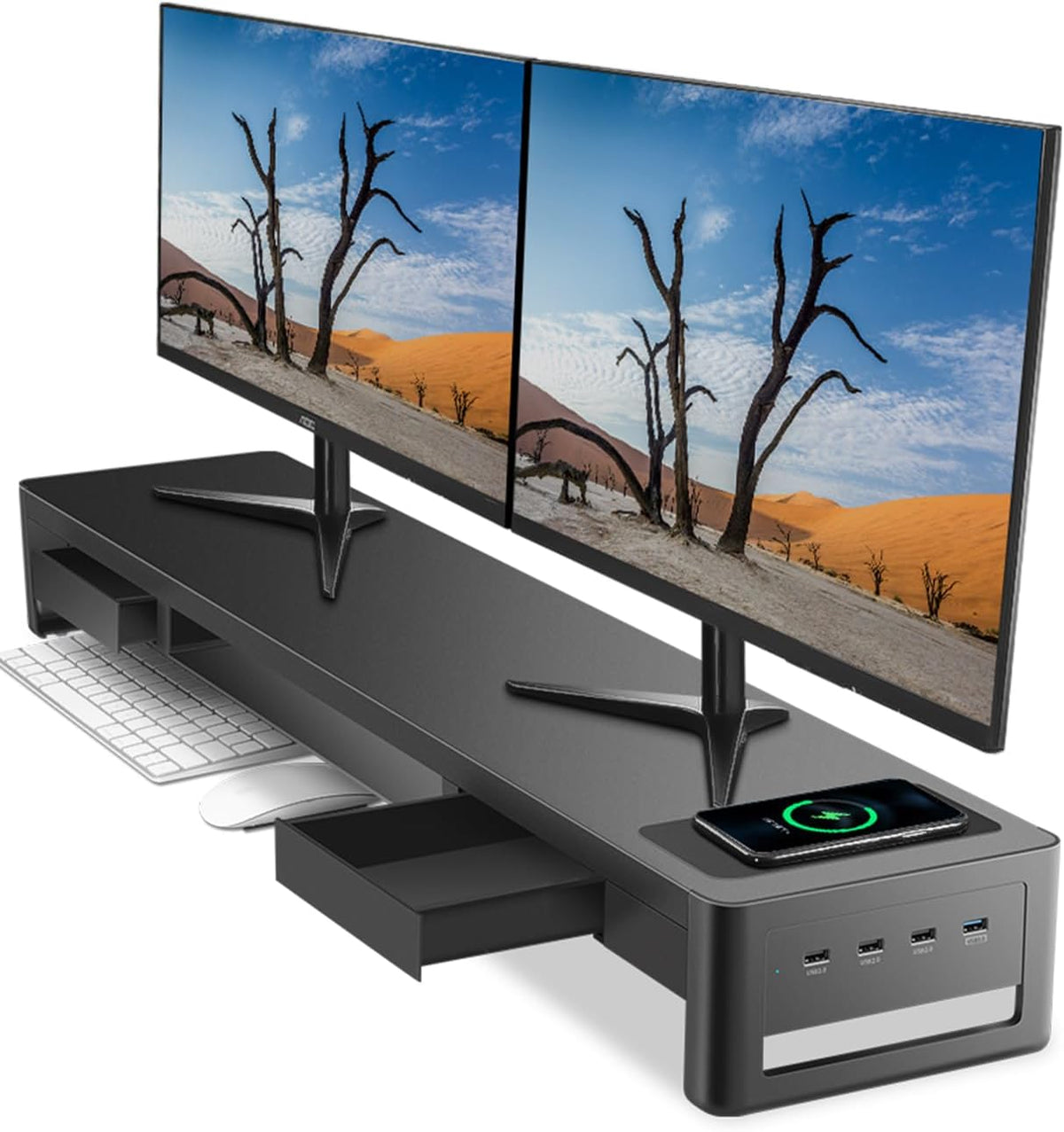 meatanty Dual Monitor Stand Riser with 2 Drawers,4 USB Ports and Charging Pad,Metal Monitor Stand for 2 Monitors Supports Transfer Data and Charging,Desk Organizer for PC,iMac(38.7 inches)