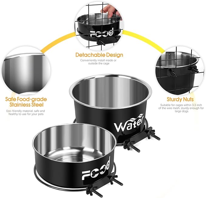 2 Pcs Large Pet Dog Food and Water Bowl Set for Cage, Stainless Steel Non-Spill Kennel Hanging Cats Pets Bowls Crate Feeder Dish with Clamp Holder for Medium Large Dogs Pets (7.1x3.7'' & 7.1x2.5'')