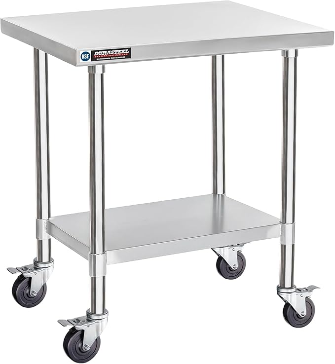 DuraSteel 30x24 NSF Stainless Steel Cart Work Table - Heavy Duty Rolling Food Prep Table - Metal Utility Cart on Wheels Caster, Grill Stand Microwave Outdoor Kitchen Tables Countertop Island Large Top