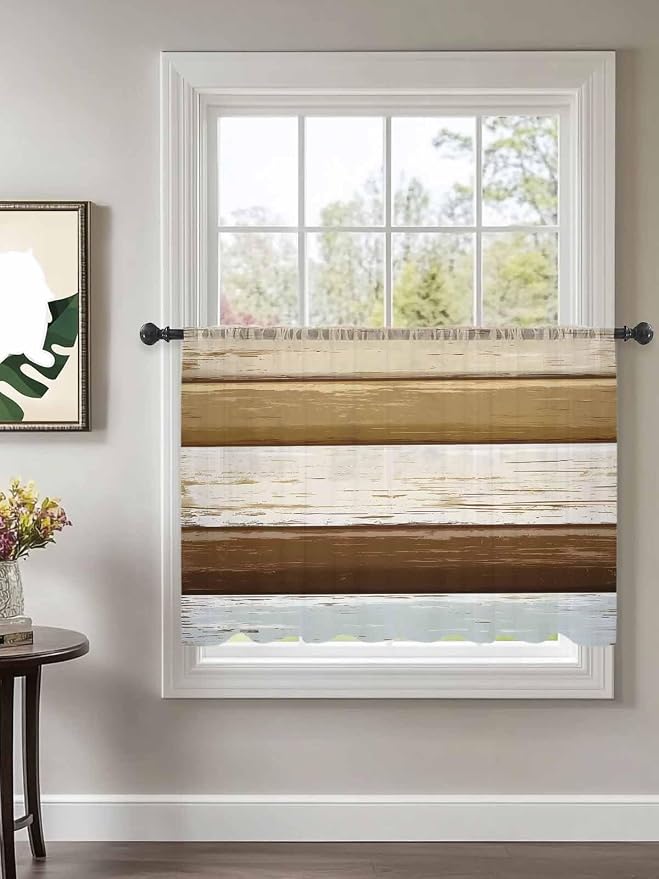 Sheer Curtains 54 Inch Length, Wood Grain Brown Semi Sheer Curtains Light