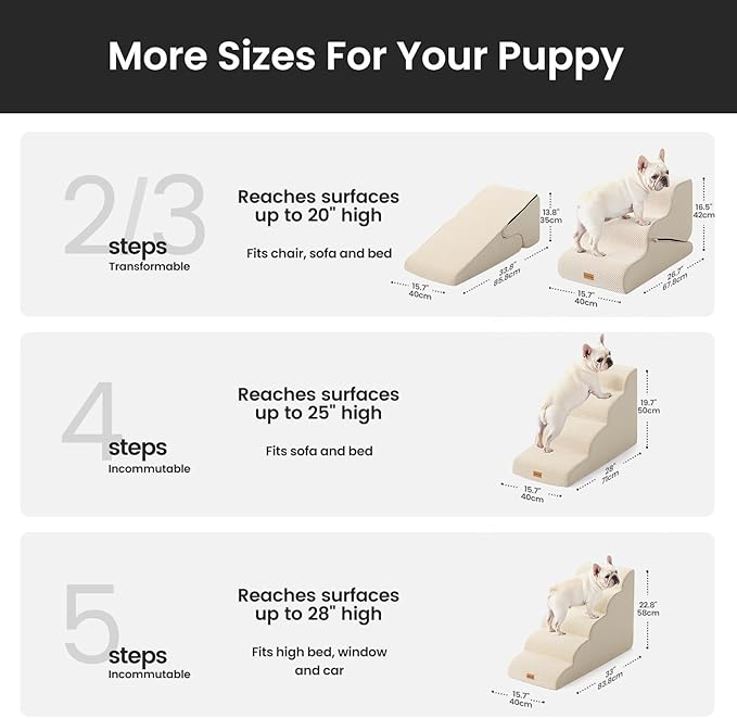 Gardner Pet Dog Stairs for Small Dogs 16.5" H, 2 in 1 Transformable 3-Step Pet Stairs and Dog Ramp for Couch (13-20 in), Beige Adjustable Pet Steps with Non-Slip Waterproof Cover and CertiPUR-US Foam