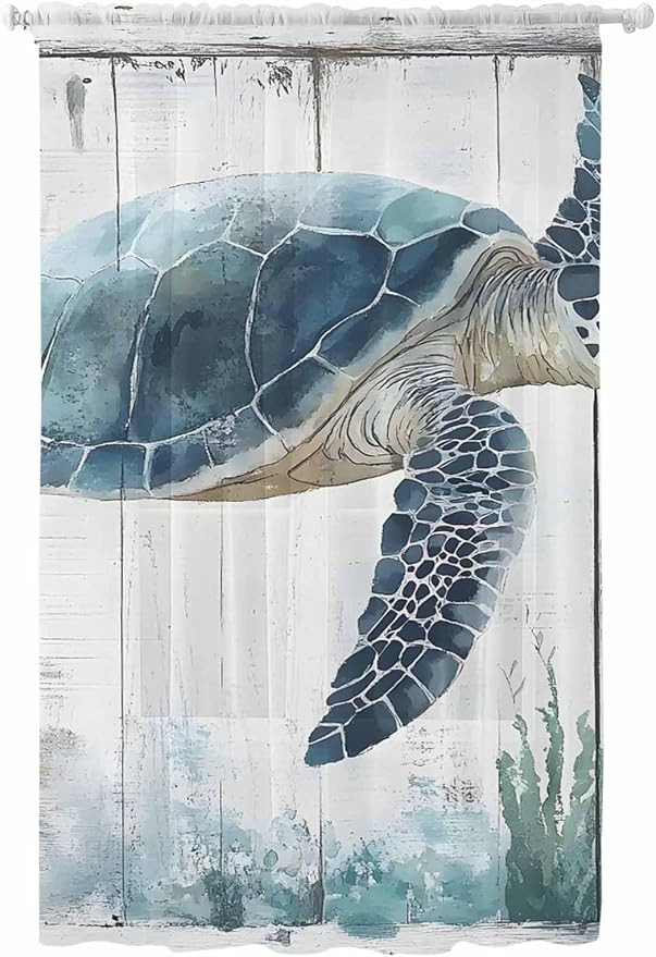 Sheer Curtains 84 Inches Long, Sea Turtle Teal Blue Semi Sheer Curtains Light