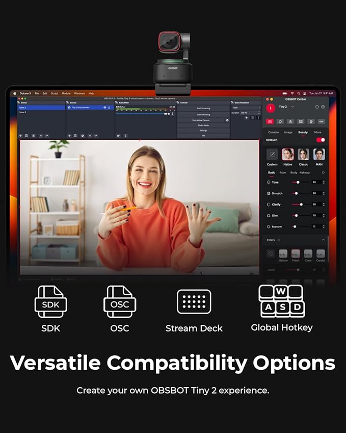 OBSBOT Tiny 2 Webcam 4K Voice Control PTZ, AI Tracking Multi-Mode & Auto Focus