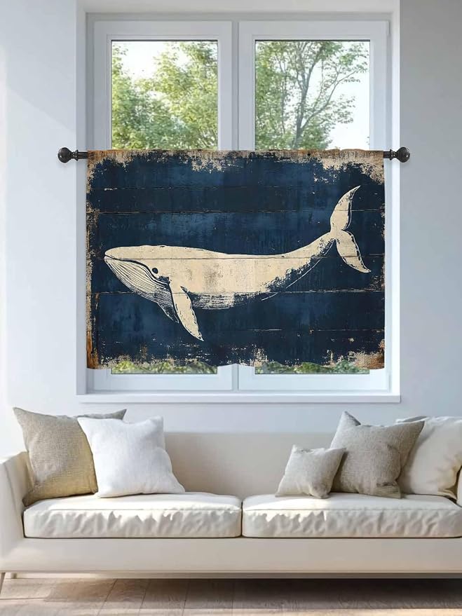 Sheer Curtains 54 Inch Length, Ocean Whale Blue Semi Sheer Curtains Light