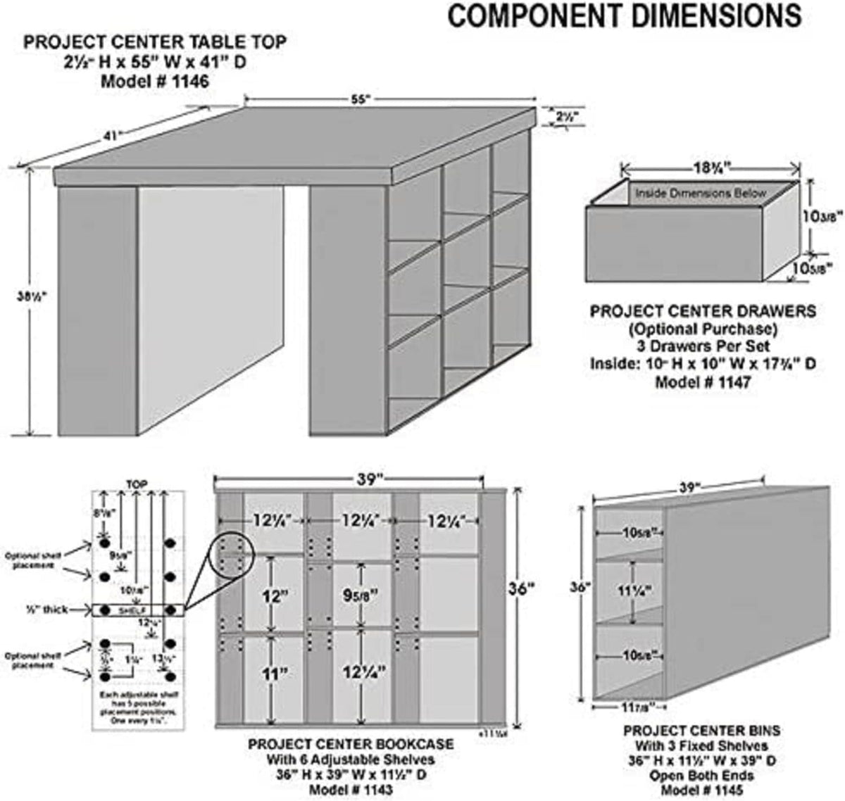 Project Center Desk with Bookcase and 3 Bin Cabinet-Walnut