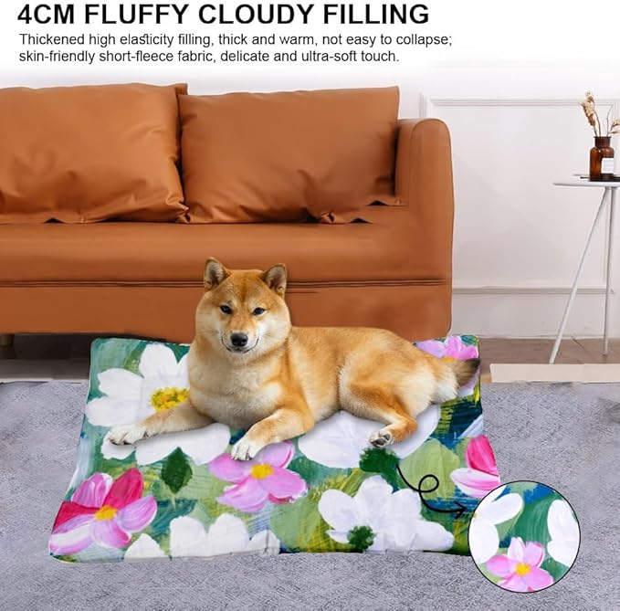 White Pink Floral Dog Beds Dog Cute Bed Mat Pet Padding Crate Pad Washable Non-Slip Medium Crate Bed Rectangular Mat Pillow Indoor Outdoor 36X24 Inch