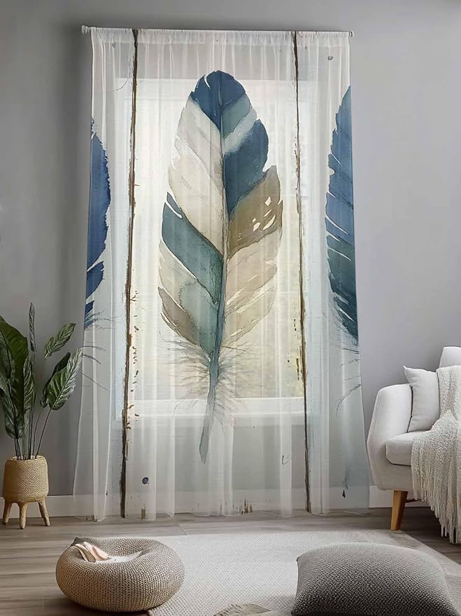 Sheer Curtains 96 Inches Long, Boho Blue Feathers Semi Sheer Curtains Light