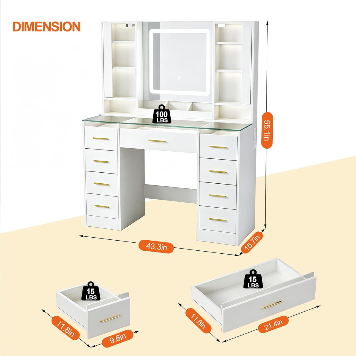 Vanity Desk with Mirror and Lights, 43" Large Makeup Vanity with Glass Top