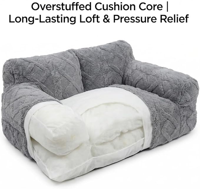 Plush Calming Pet Sofa Bed, Raised Rim, Removable Cover & Non-Slip Bottom for Cats & Dogs, Calming Dog Bed Fluffy Plush Dog Mat for Furniture Protector with Removable Washable Cover (Khaki, Medium)