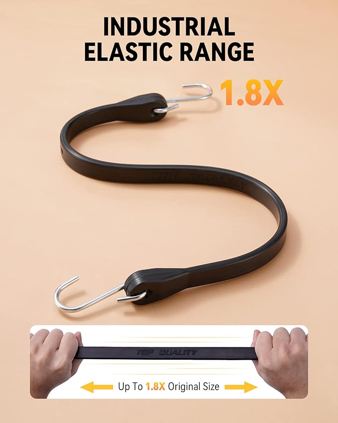 15'' Rubber Bungee Cords Heavy Duty Outdoor with 27" Max Stretch & Over 176 lbs Load, 100% EPDM Black Bungee Straps with Crimped S Hooks for Cargo, Tarps, Truck, Motorcycle, Weatherproof (10 Pack)