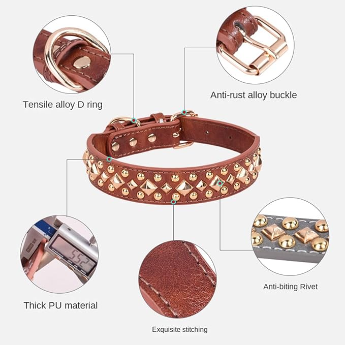 Spiked Dog Collar Soft Pu Leather Mushrooms Rivet Spike Studded Puppy Adjustable Pet Collars for Small Breeds (L, Grey3)