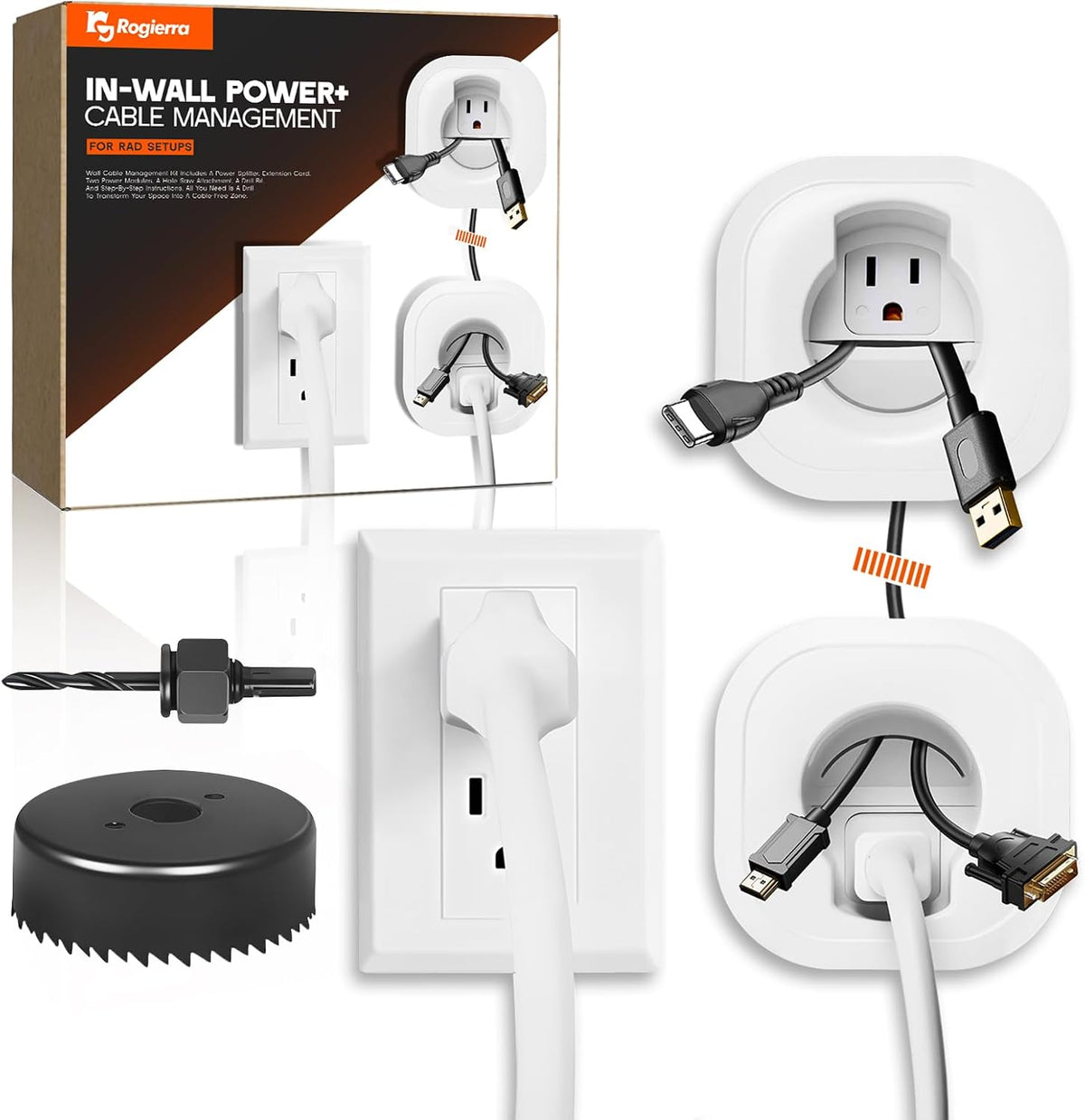 in-Wall Cable Management Kit – Includes Power & Low Voltage Cable Management – Hide Wires Easily with Prewired Design & Hole Saw Drill Attachment for Quick Installation