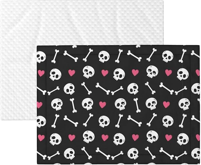 Double Sided Plush Pet Blanket with Cozy Dot Texture and Smooth Reverse, Cartoon Skulls with Hearts On Black, Reversible Throw for Dogs Cats on Couches Beds Crates