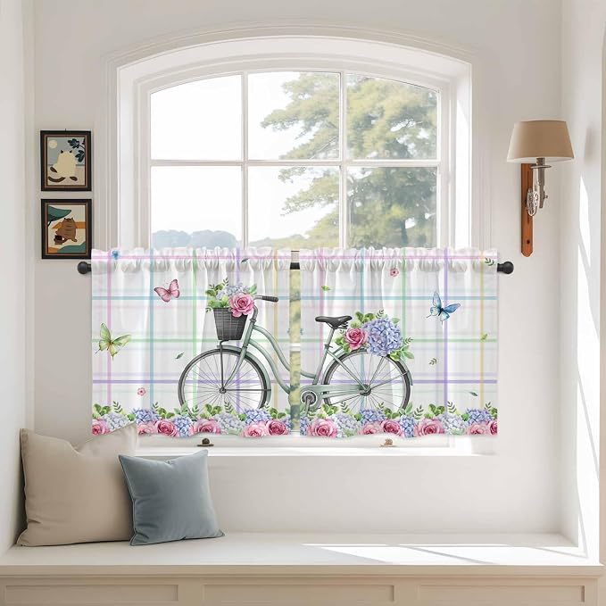 Spring Tier Curtains, Bicycles Botanical Leaves Rose Colorful Stripes Light