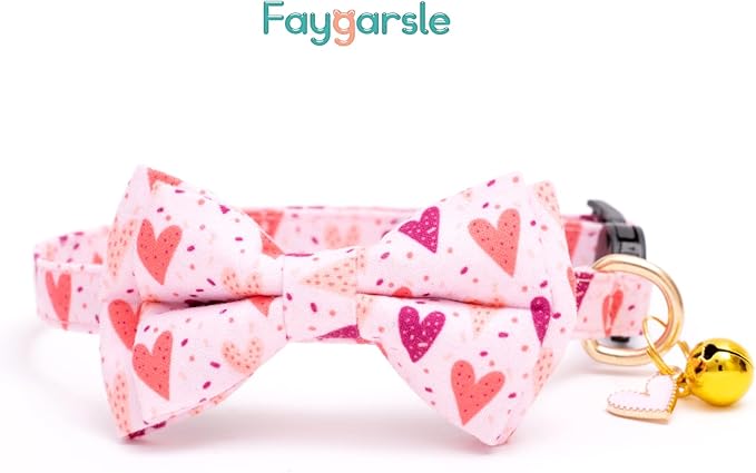 Faygarsle 2 Pack Valentine's Day Cat Collar Cute Loving Heart Printed Collar with Bow tie Breakaway Pink Purple Cat Collar for Boy Girl Cats