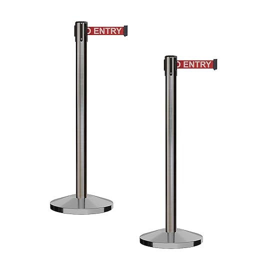 CCW Series RBB-100 - Set of 2 Stanchion Retractable Belt Barriers (11 Foot Belt, Red with"NO Entry" White Letters Belt with Satin Stainless Steel Post)