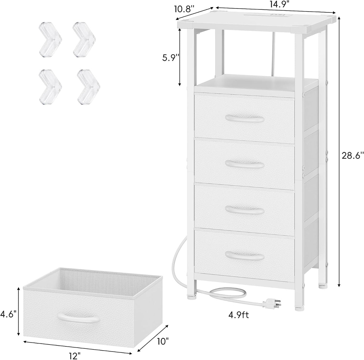 Vagusicc White Nightstand with Charging Station & LED Light, 28.6'' Tall Night Stand Bedside Table with 4 Fabric Drawers & Open Shelf, Small Bedside Tables Bed Side Table Nightstand for Bedroom, White