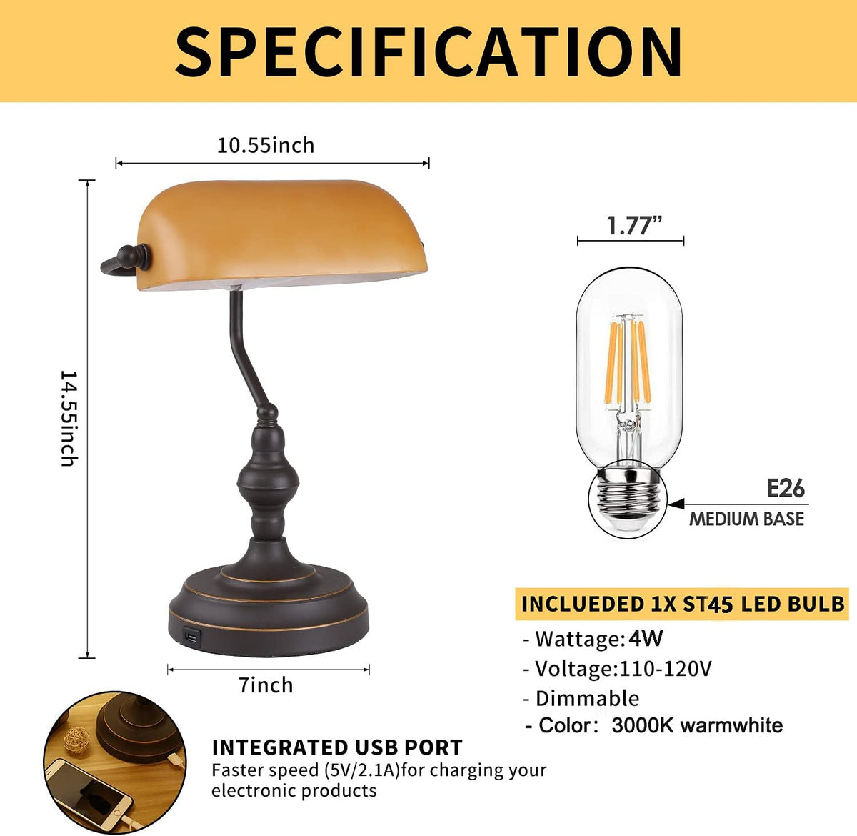 Amber Glass Bankers Desk Lamp, Touch Control