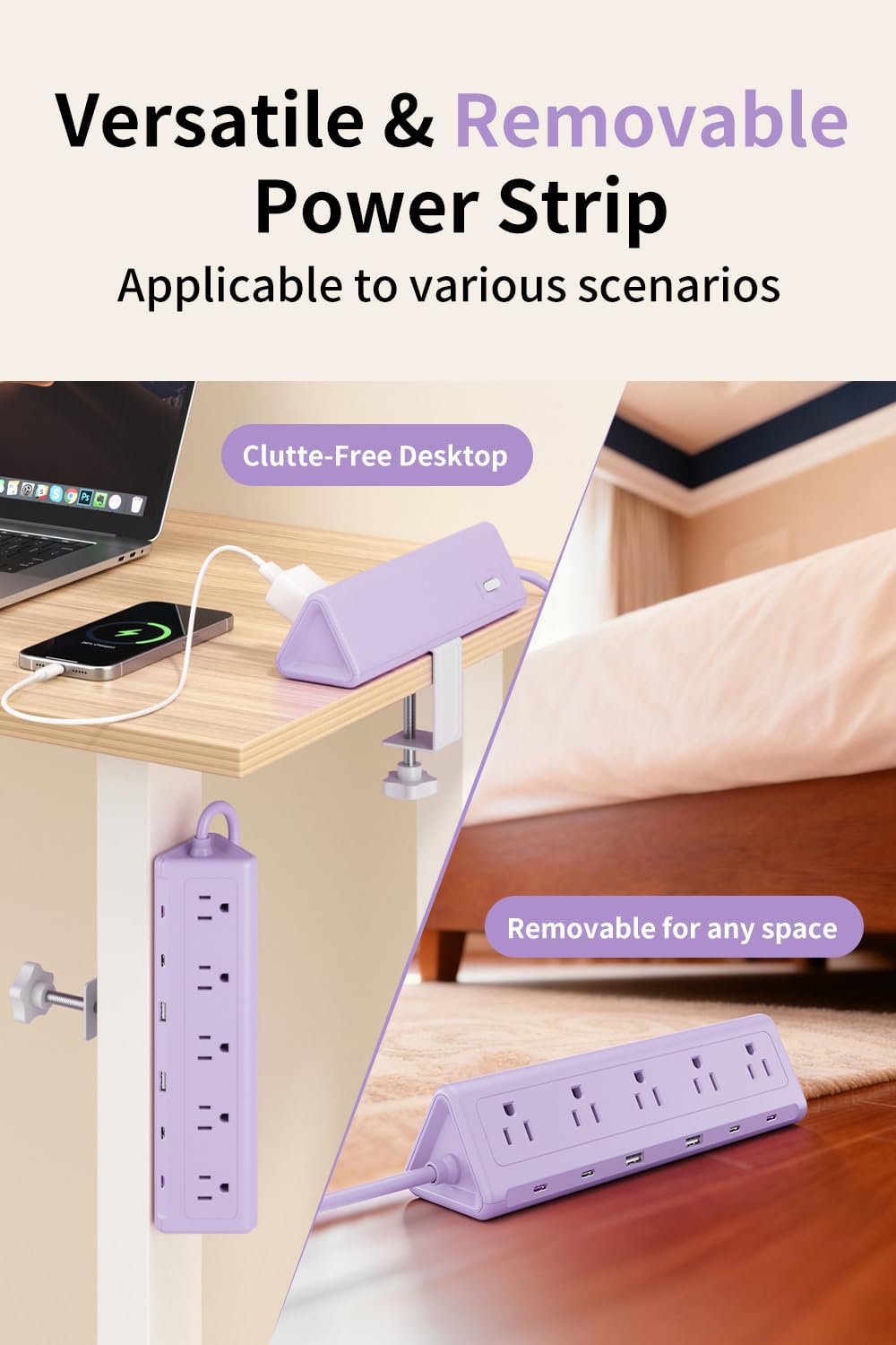 AnnTane Desk Clamp Power Strip USBC, 40W Fast Charging, 6.5 Ft, Purple