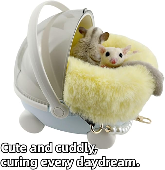 Sugar Glider Carrier Cage with Warm Nest, Cushion, Mat and Safe Lock, Portable Cages with Chain, Small Animals Travel Carrier Plastic Breathable Outgoing Box for Hamsters (Pink)