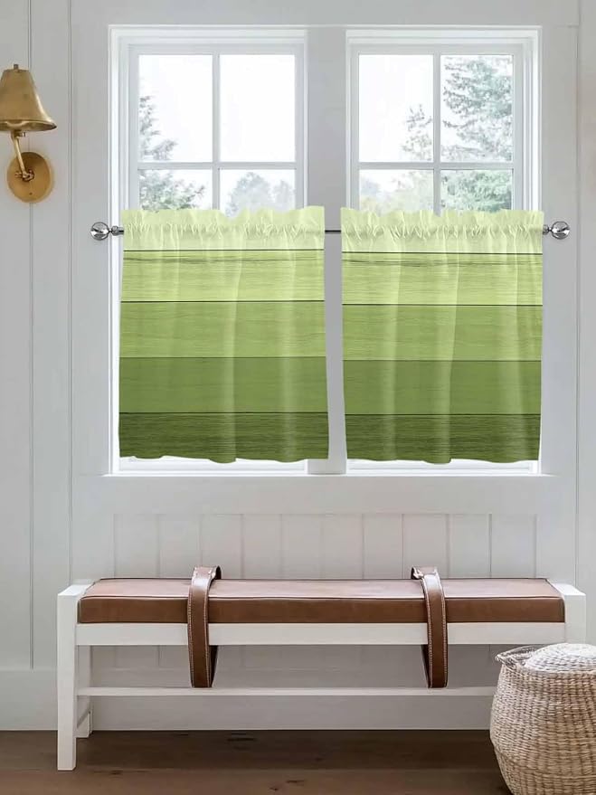 Gradient Green Wooden Board Window Valance Curtains, Retro Country Wood Grain
