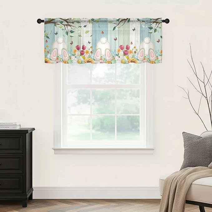 Easter Sheer Valances for Windows 42"x12", Light Filtering Kitchen Curtains