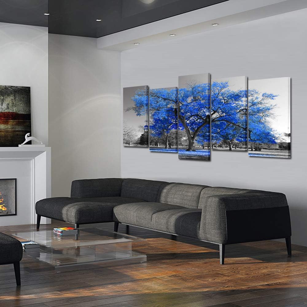 KREATIVE ARTS Canvas Print Wall Art Painting Contemporary Blue Tree In Black And White Style Fall Landscape Picture Modern Giclee Stretched And Framed Artwork (XLarge Size 80x40inch)