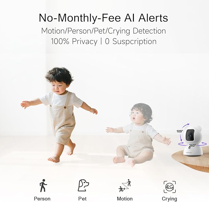 2.5K Indoor Security Camera 4pack, Non-Subscription AI Person/Pet/Cry Detection, 4MP Pet/Dog/Cat/Baby Camera w/Phone App, Pan Tilt WiFi, Night Vision, Full Duplex Audio for Home Security