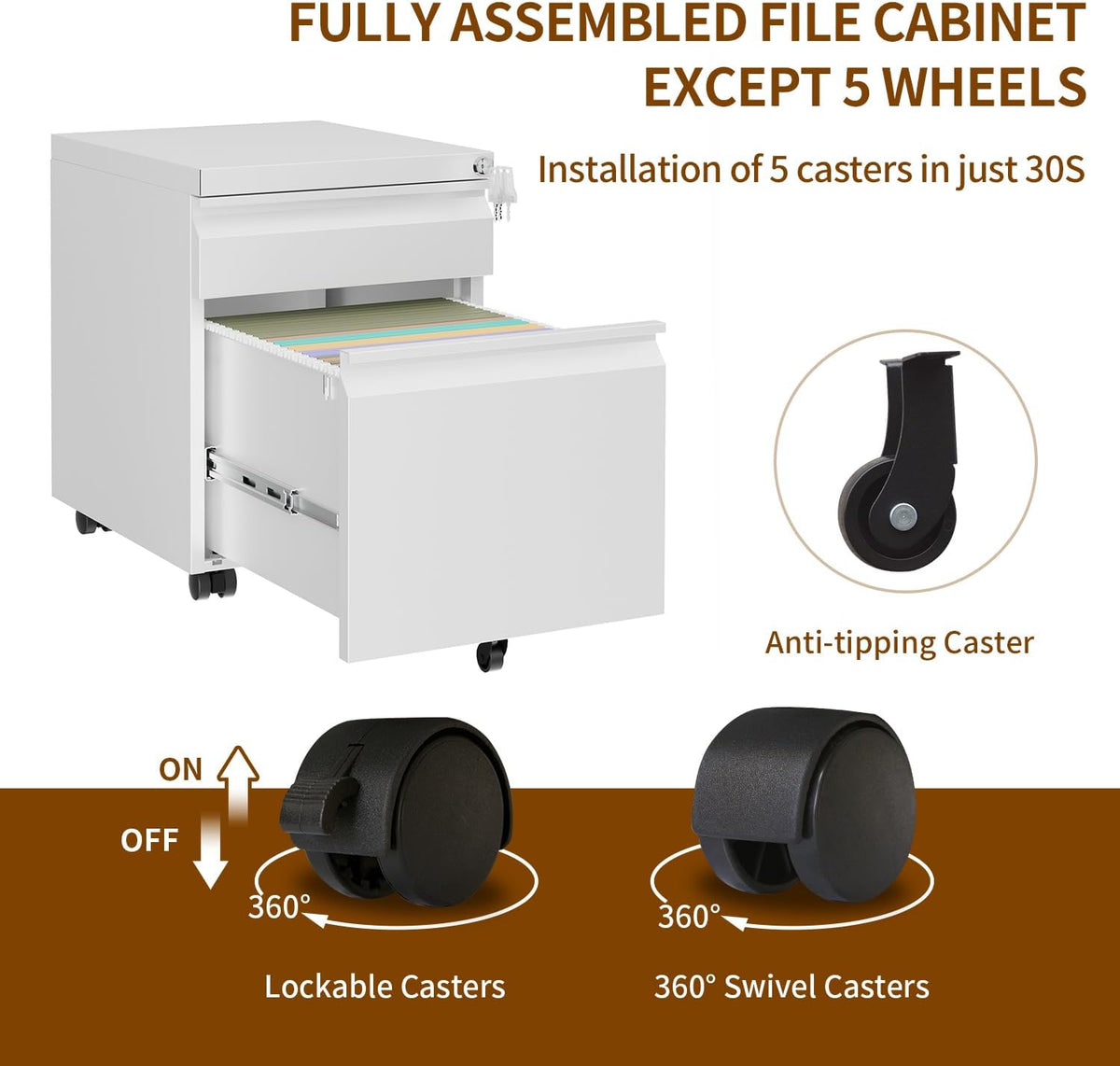 2 Drawer Metal Mobile File Cabinet with Lock and 4 Keys