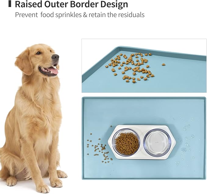 Dog Food Mat,Silicone Waterproof Food Tray,Non Slip Pet Bowl Mats Placemat,0.6" Raised Edge,Suitable for Most Small and Medium Sized Pets,18.5" x 11.5"