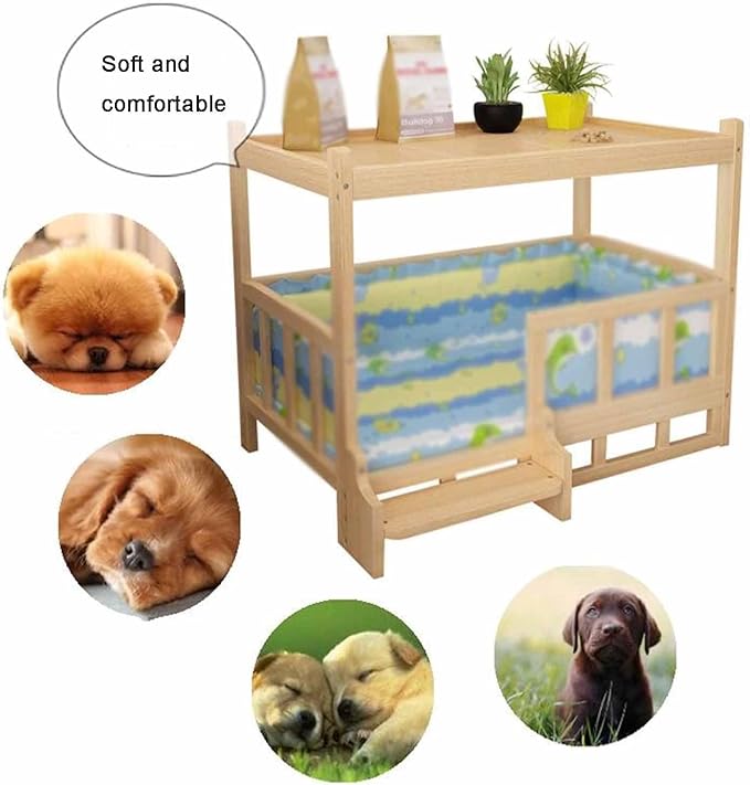 XPLKQXE Dog Bed Wood Platform, Elevated Pet Cushion Bed, Animal Couch with Mattress, Dog Beds & Furniture Rest Cot, Portable Fence Bed Pet Up to 45kg/100lbs(Color:Woody,Size:90x55x70cm)