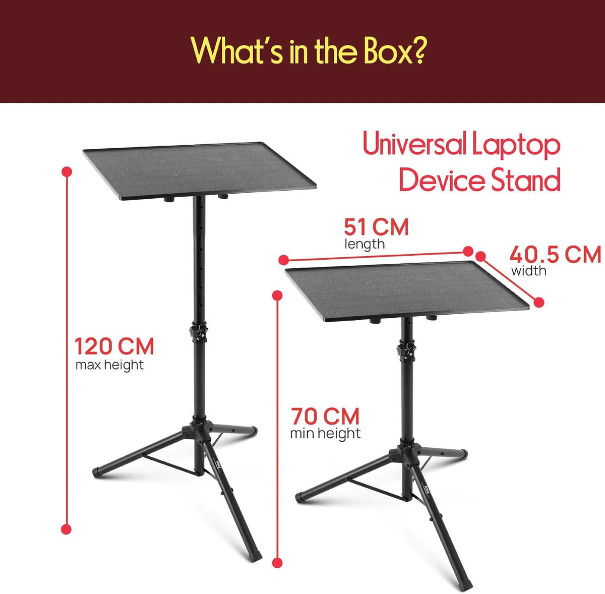 PYLE Laptop & Projector Stand, Tripod Stand With Adjustable Height 28"-50", Portable DJ Equipment Mount, Angle Adjustable Tray, Lightweight Metal Construction, Stage, Studio, Musicians & Performers
