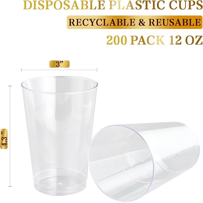 FOCUSLINE 200 Pack 12 oz Clear Plastic Cups, Disposable Cups Reusable Plastic