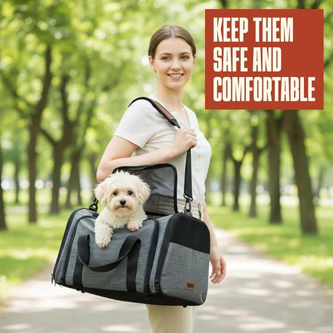 Soft Sided Pet Carrier for Small Dogs & Cats up to 9 Lbs - Breathable 100% Polyester Travel Bag with Luggage Strap & Washable Mat - Airline Approved Underseat Fit - Grey